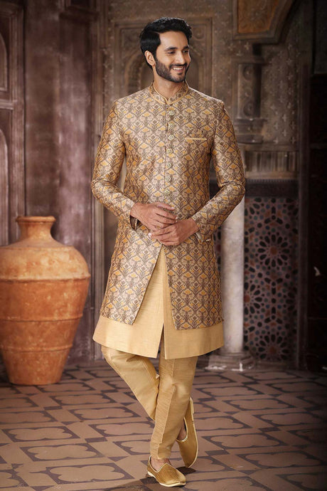 Buy Men's Yellow Art Silk Printed Kurta Pajama Jacket Set  Online