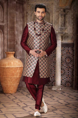 Buy Men's Beige Art Silk Printed Kurta Pajama Jacket Set  Online