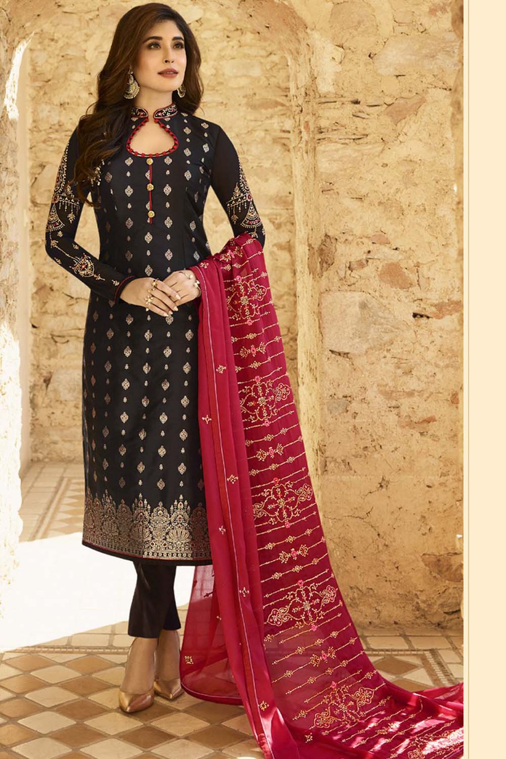 Jacquard Embroidered Suit Set Dress Material In Black