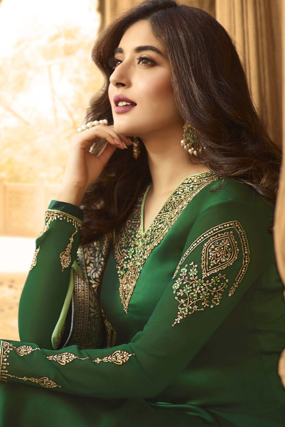 Faux Georgette Embroidered Suit Set Dress Material In Green