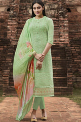 Faux Georgette Embroidered Suit Set Dress Material In Parrot Green