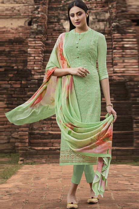 Faux Georgette Embroidered Suit Set Dress Material In Parrot Green