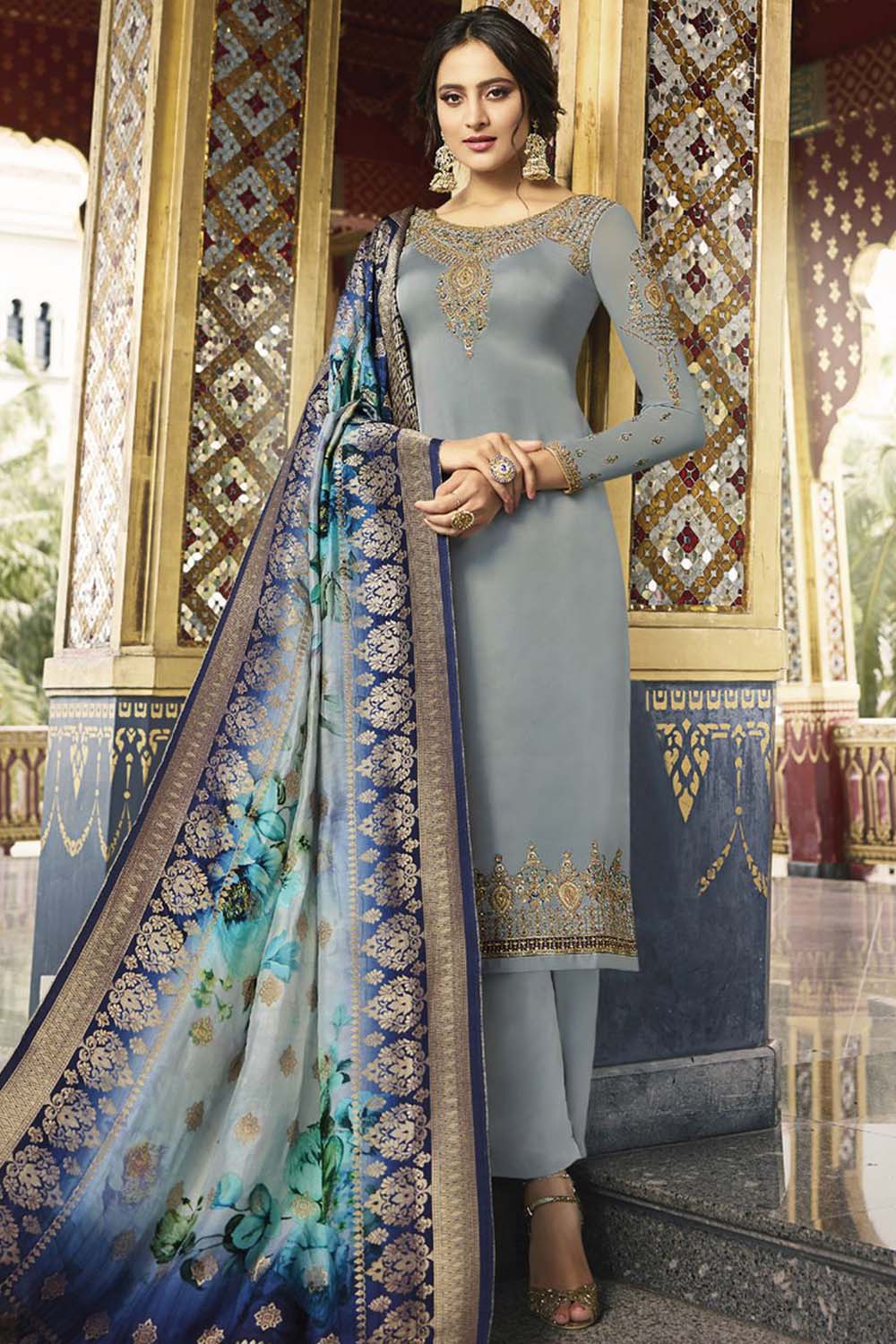 Faux Georgette Embroidered Suit Set Dress Material In Grey