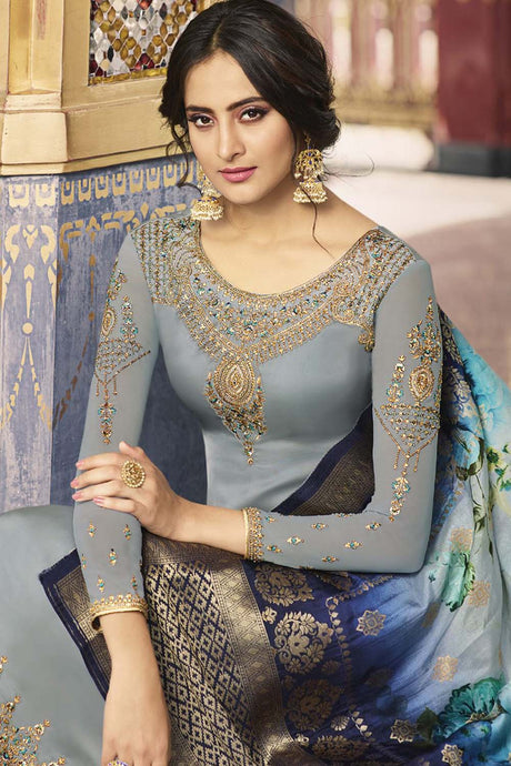 Faux Georgette Embroidered Suit Set Dress Material In Grey