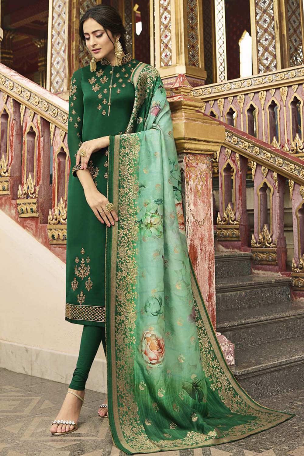 Faux Georgette Embroidered Suit Set Dress Material In Green