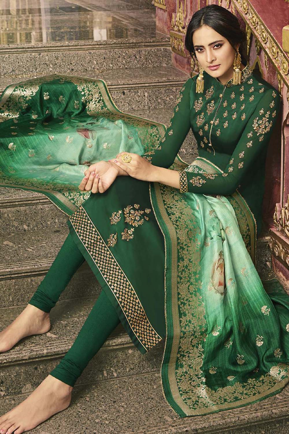 Faux Georgette Embroidered Suit Set Dress Material In Green