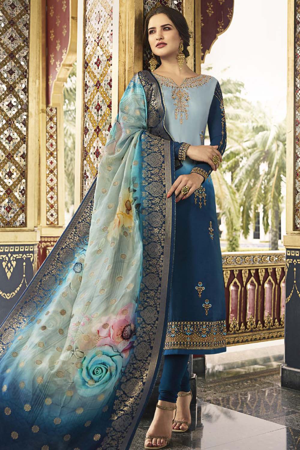 Faux Georgette Embroidered Suit Set Dress Material In Aqua Blue