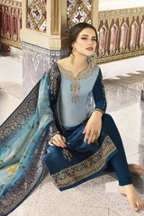 Faux Georgette Embroidered Suit Set Dress Material In Aqua Blue