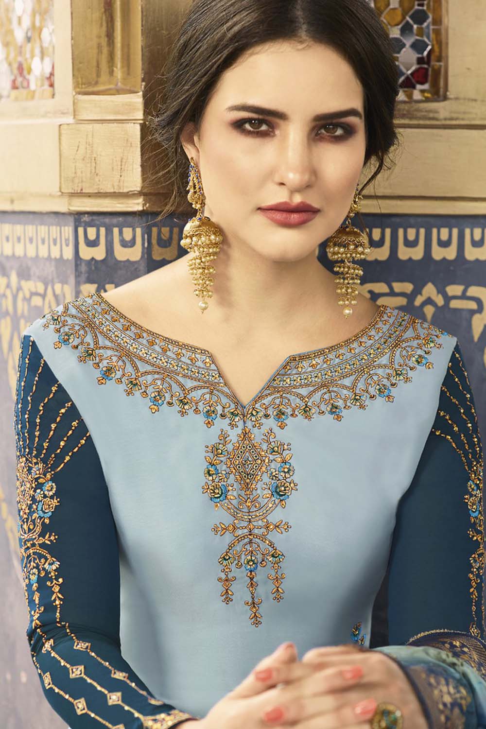 Faux Georgette Embroidered Suit Set Dress Material In Aqua Blue