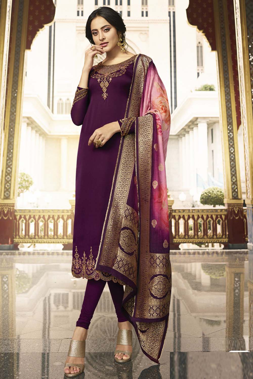 Faux Georgette Embroidered Suit Set Dress Material In Wine