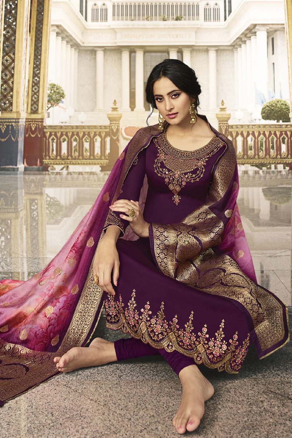 Faux Georgette Embroidered Suit Set Dress Material In Wine