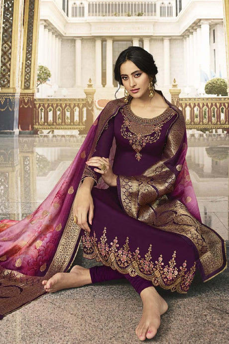 Faux Georgette Embroidered Suit Set Dress Material In Wine