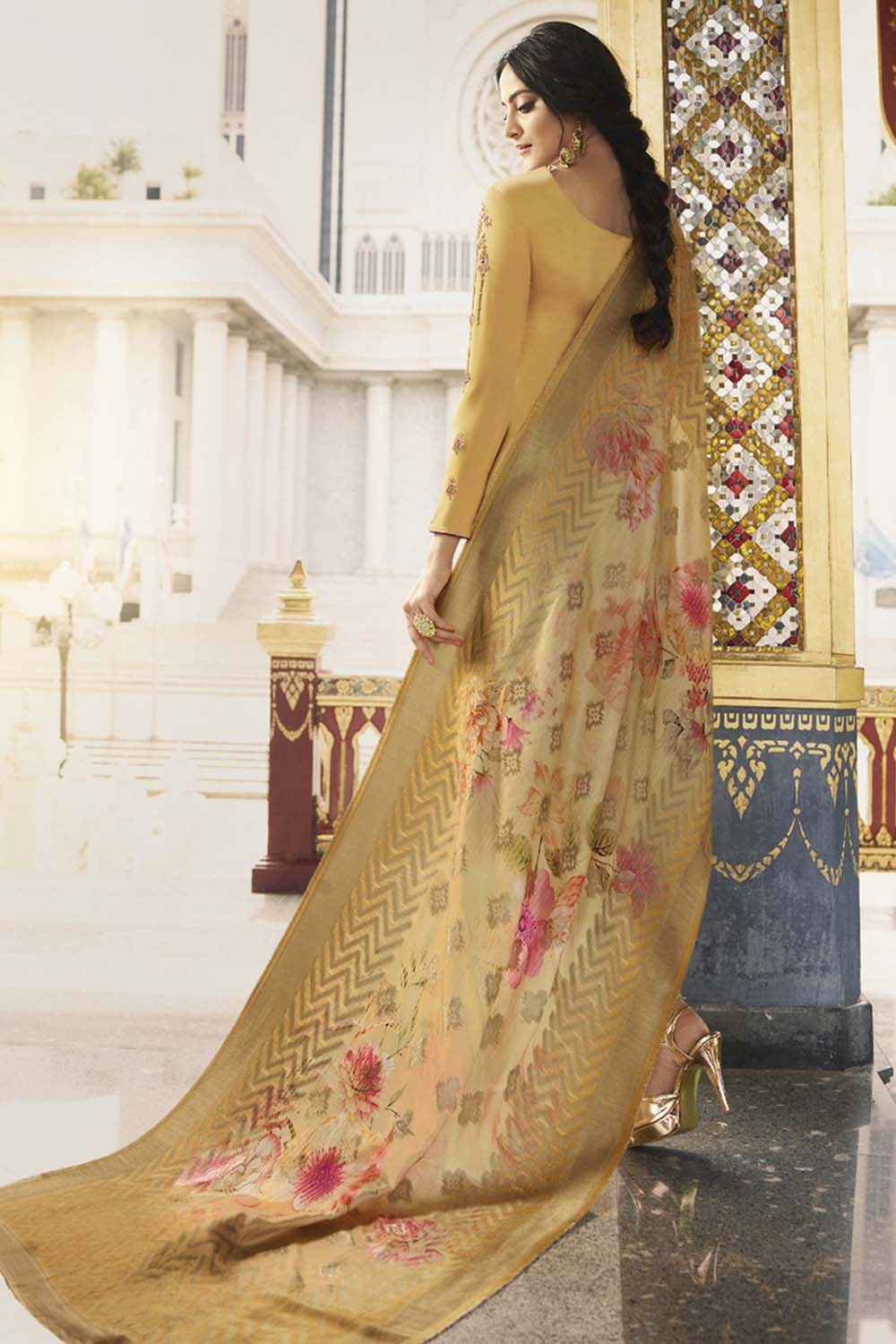 Faux Georgette Embroidered Suit Set Dress Material In Yellow