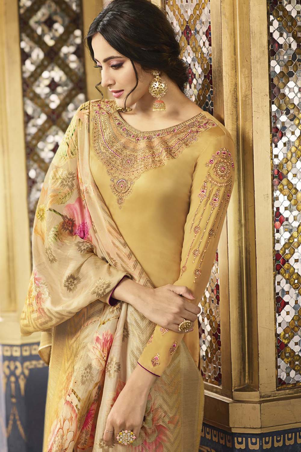 Faux Georgette Embroidered Suit Set Dress Material In Yellow