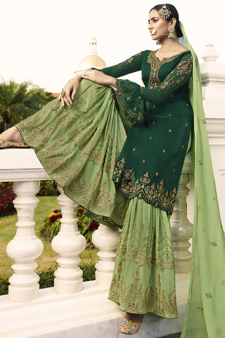 Faux Georgette Embroidered Sharara Dress Material In Dark Green