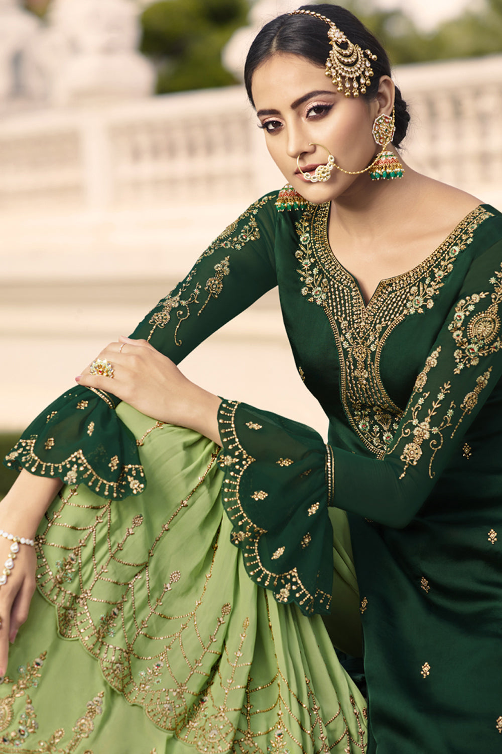 Faux Georgette Embroidered Sharara Dress Material In Dark Green