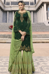 Faux Georgette Embroidered Sharara Dress Material In Dark Green