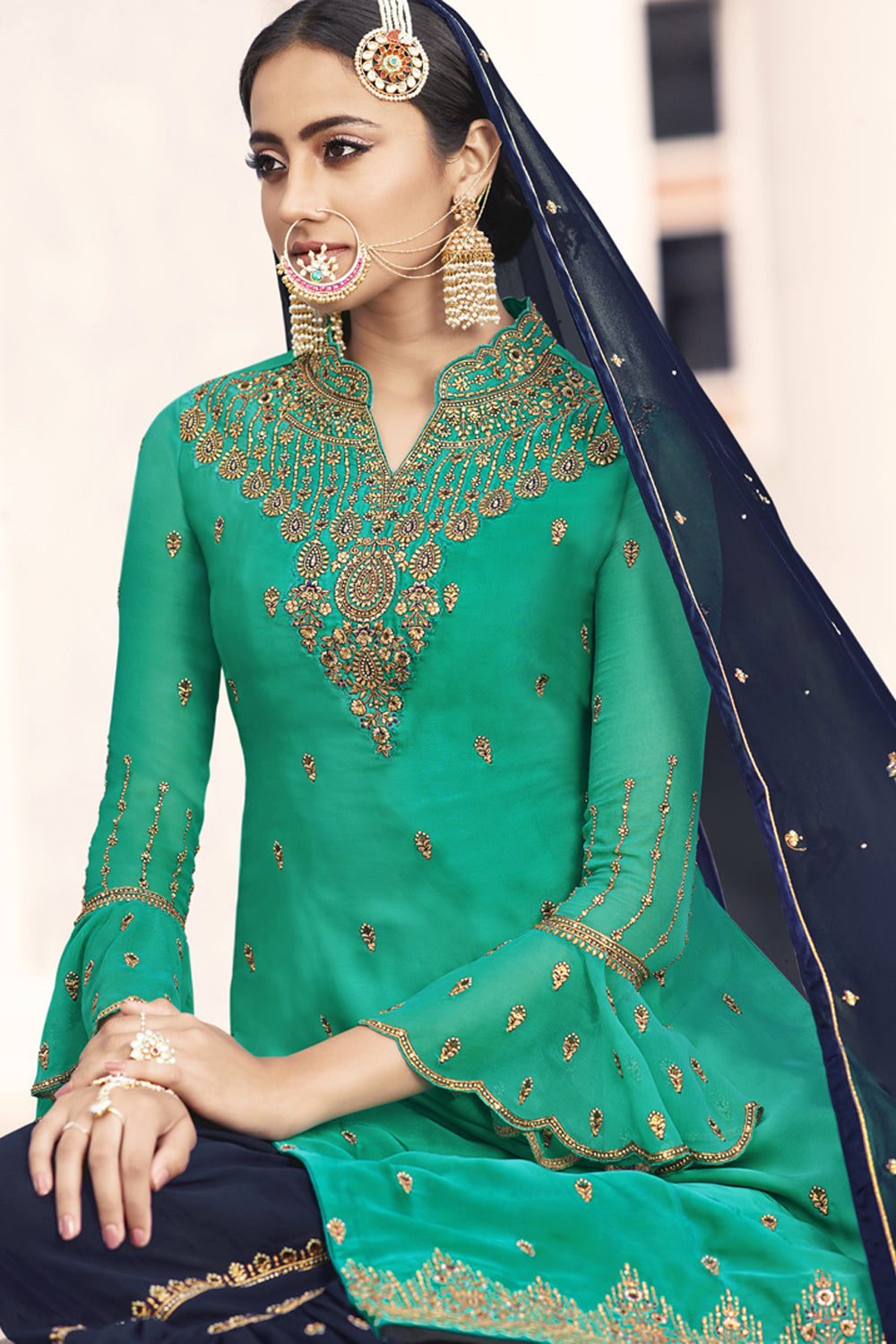 Faux Georgette Embroidered Sharara Dress Material In Sea Green