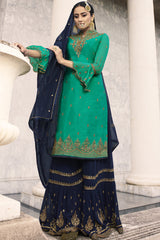 Faux Georgette Embroidered Sharara Dress Material In Sea Green