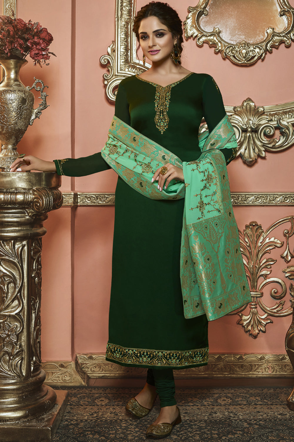 Faux Georgette Suit Set Dress Material In Dark Green