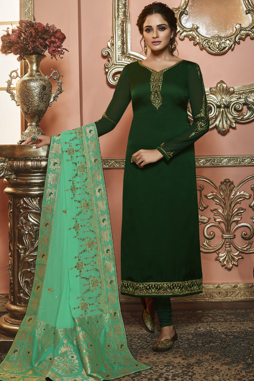 Faux Georgette Suit Set Dress Material In Dark Green