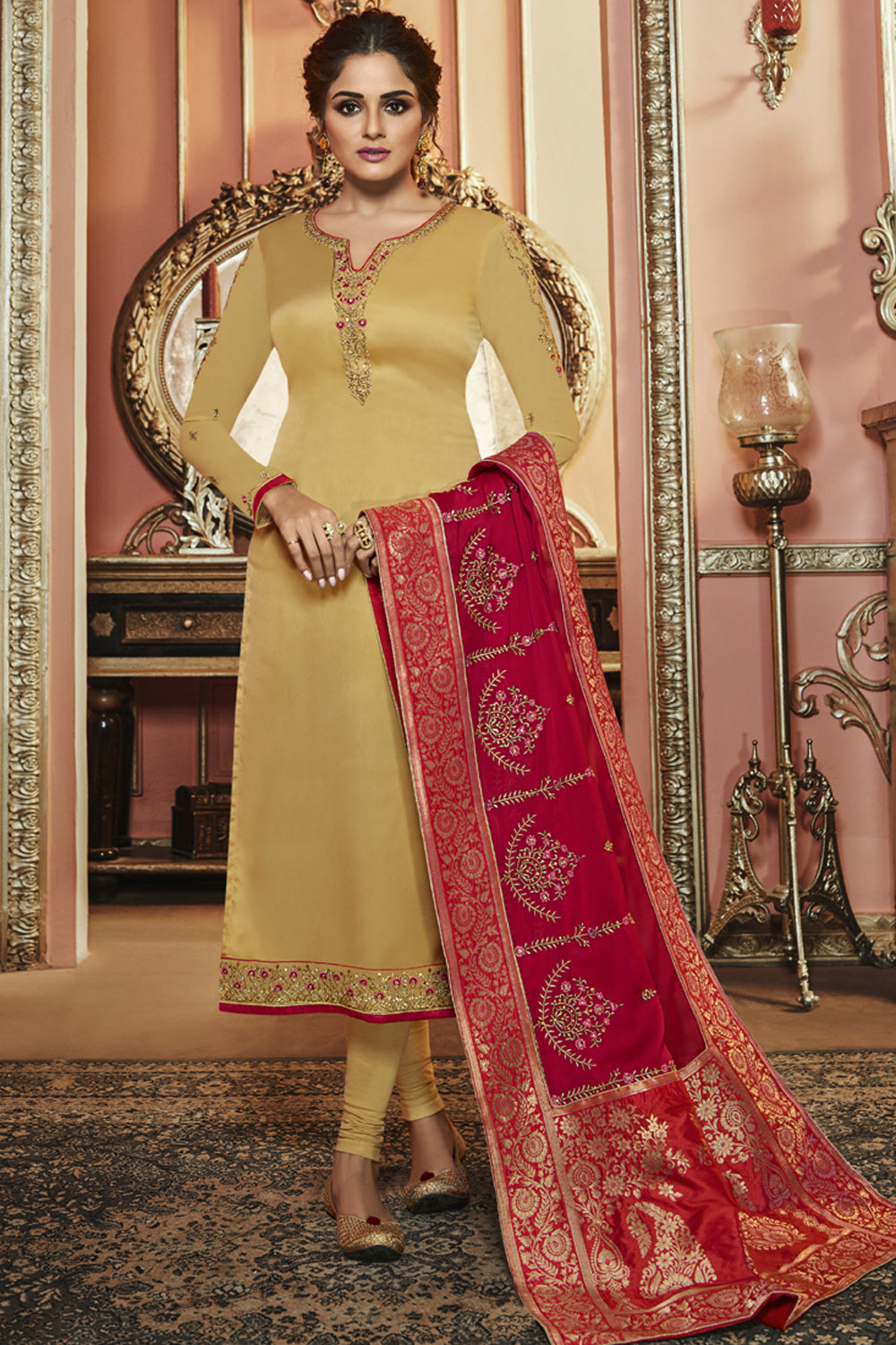 Faux Georgette Suit Set Dress Material In Yellow