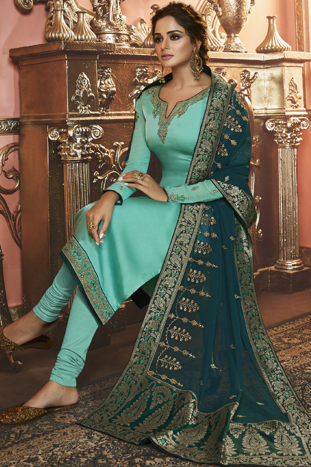 Faux Georgette Suit Set Dress Material In Turquoise