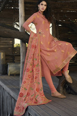 Jacquard Embroidered Suit Set Dress Material In Peach