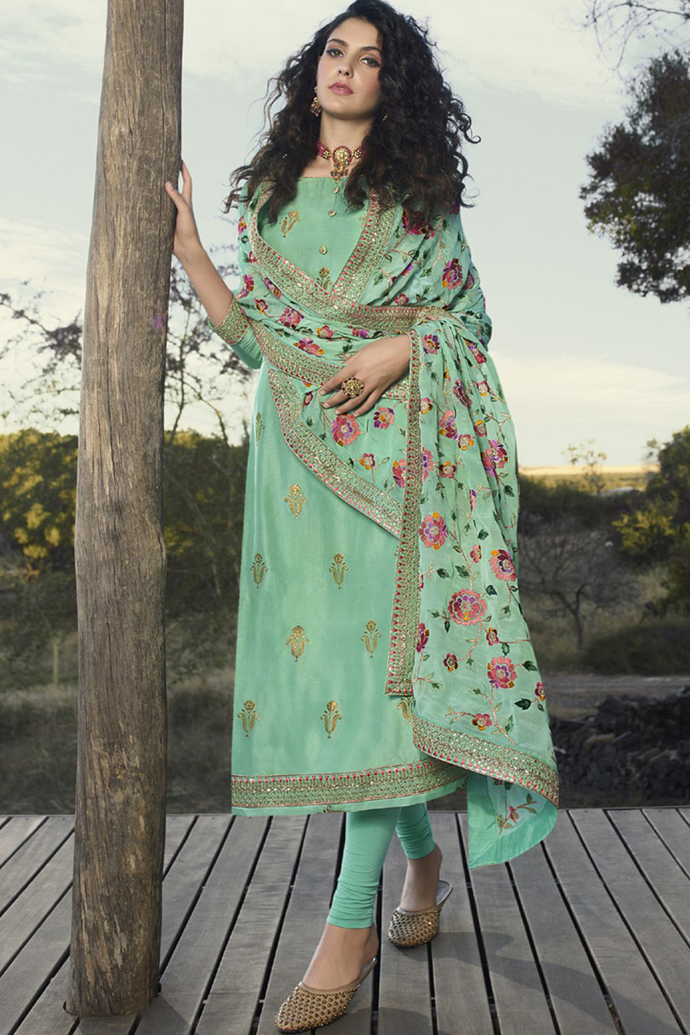 Jacquard Embroidered Suit Set Dress Material In Turquoise