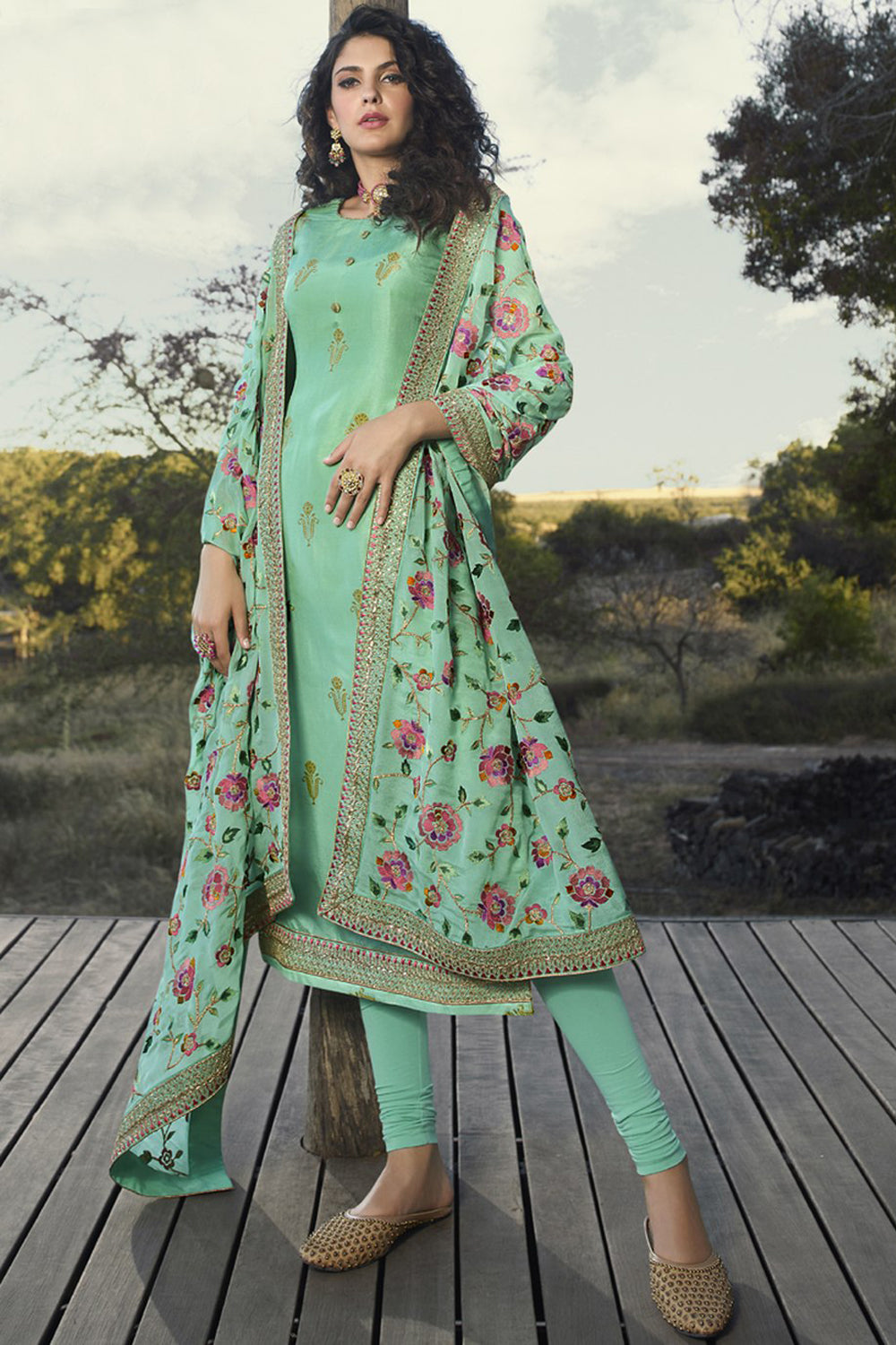 Jacquard Embroidered Suit Set Dress Material In Turquoise