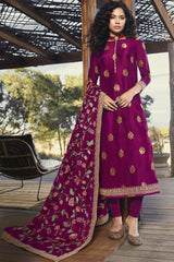 Jacquard Embroidered Suit Set Dress Material In Rani Pink