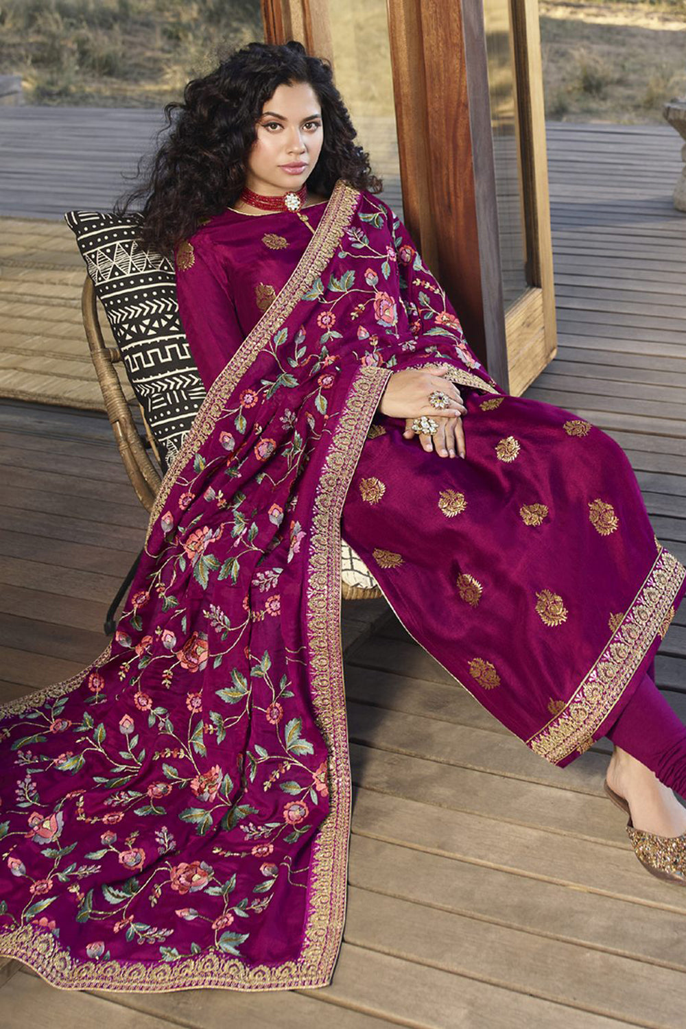 Jacquard Embroidered Suit Set Dress Material In Rani Pink