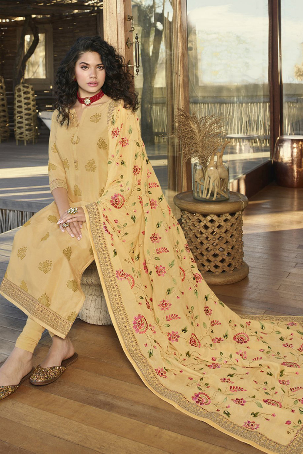 Jacquard Embroidered Suit Set Dress Material In Beige