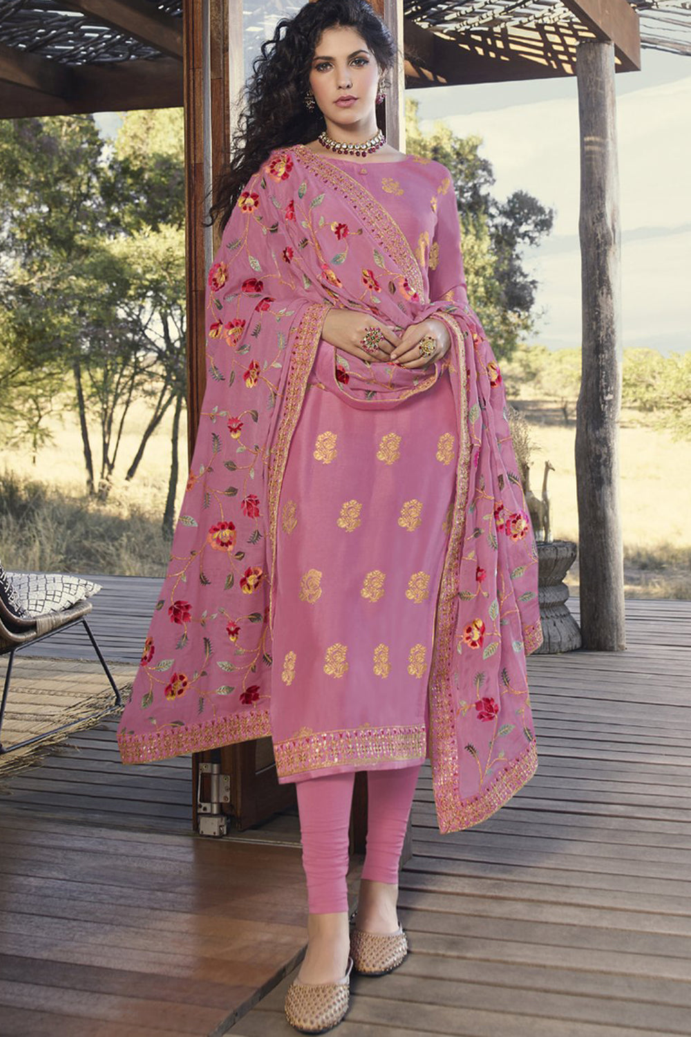 Jacquard Embroidered Suit Set Dress Material In Pink