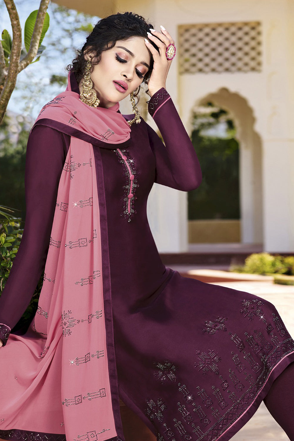 Faux Georgette Embroidered Suit Set Dress Material In Wine