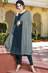 Faux Georgette Embroidered Suit Set Dress Material In Teal Blue