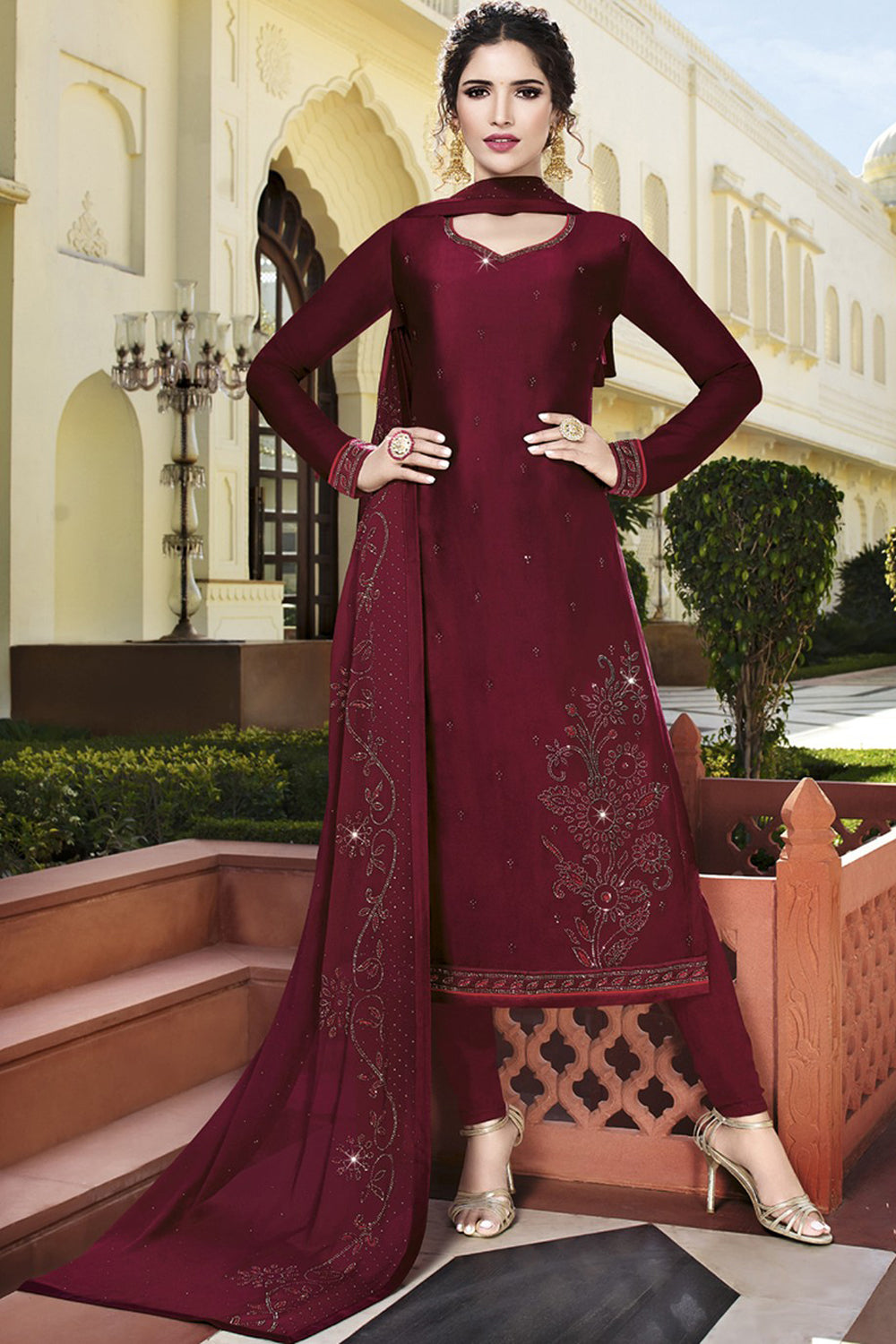 Faux Georgette Embroidered Suit Set Dress Material In Dark Maroon