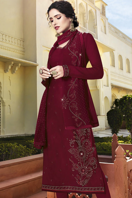 Faux Georgette Embroidered Suit Set Dress Material In Dark Maroon