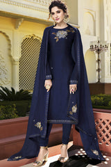 Faux Georgette Embroidered Suit Set Dress Material In Dark Blue