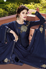 Faux Georgette Embroidered Suit Set Dress Material In Dark Blue