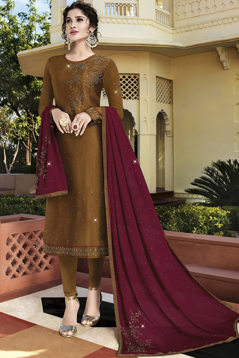 Faux Georgette Embroidered Suit Set Dress Material In Mustard