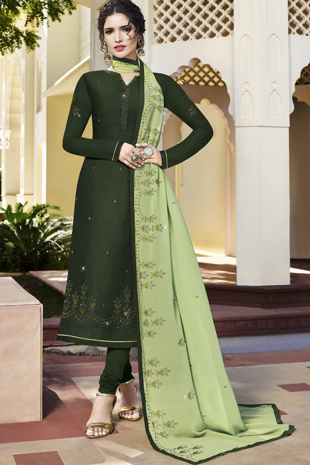 Faux Georgette Embroidered Suit Set Dress Material In Green