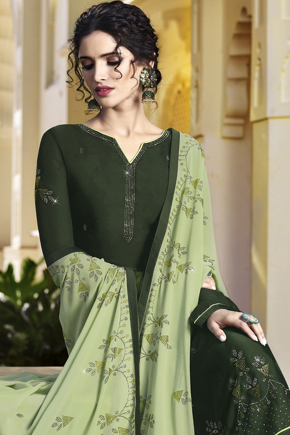 Faux Georgette Embroidered Suit Set Dress Material In Green