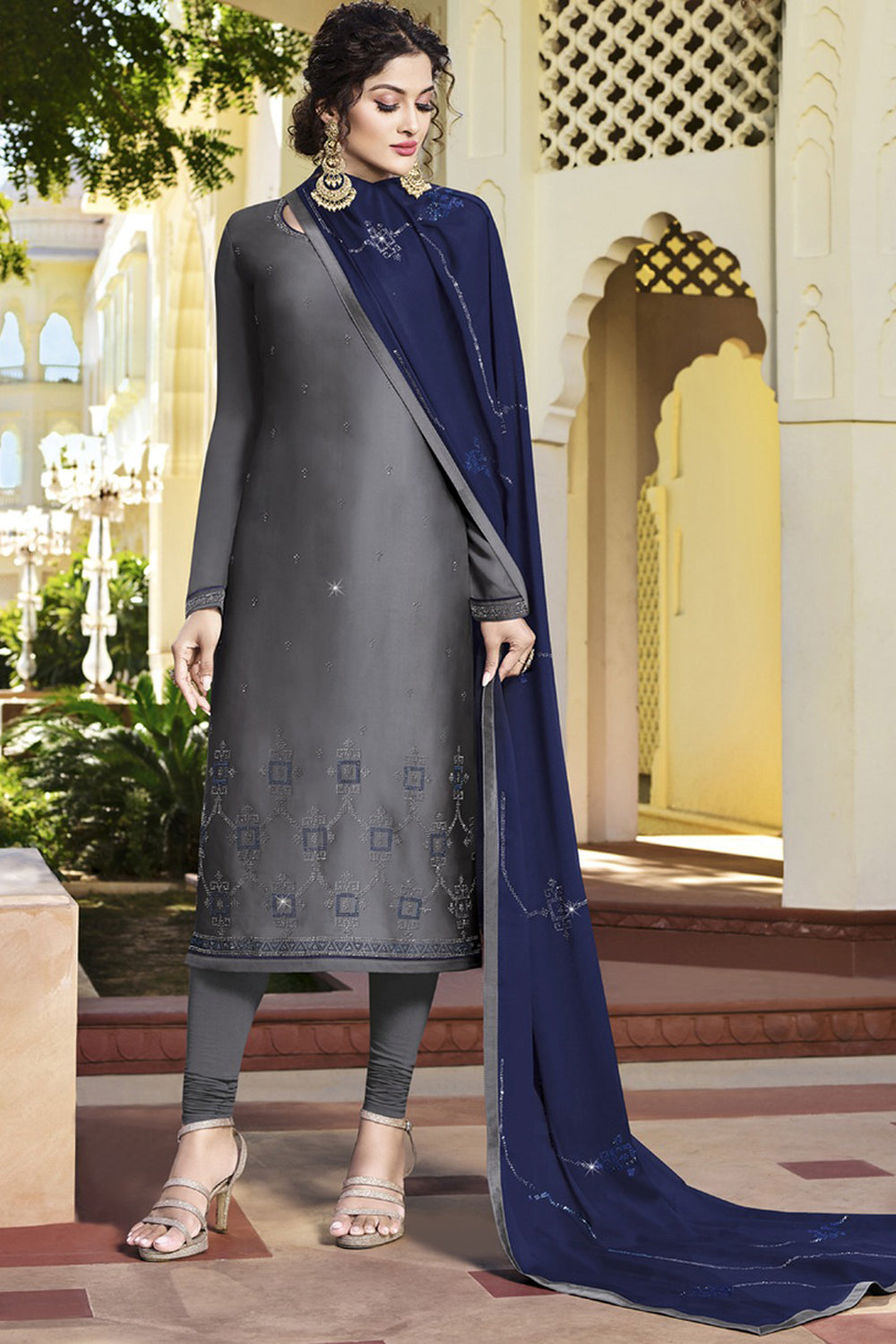 Faux Georgette Embroidered Suit Set Dress Material In Grey