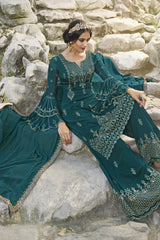 Faux Georgette Embroidered Suit Set Dress Material In Teal Blue