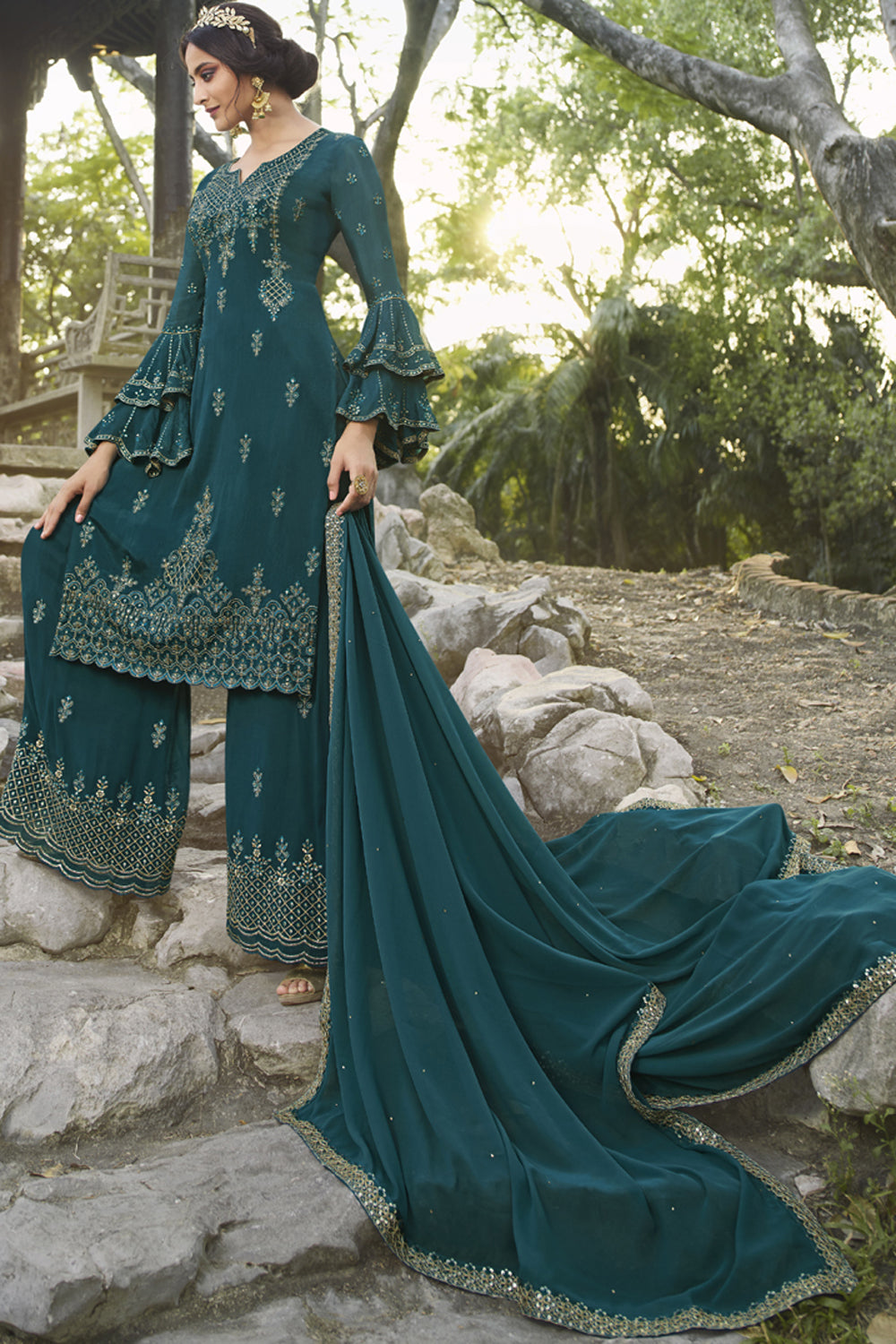 Faux Georgette Embroidered Suit Set Dress Material In Teal Blue