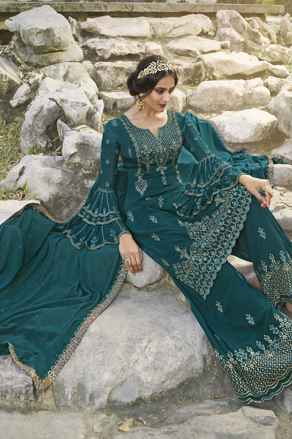 Faux Georgette Embroidered Suit Set Dress Material In Teal Blue