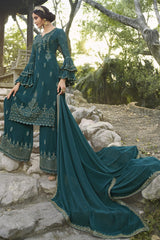 Faux Georgette Embroidered Suit Set Dress Material In Teal Blue