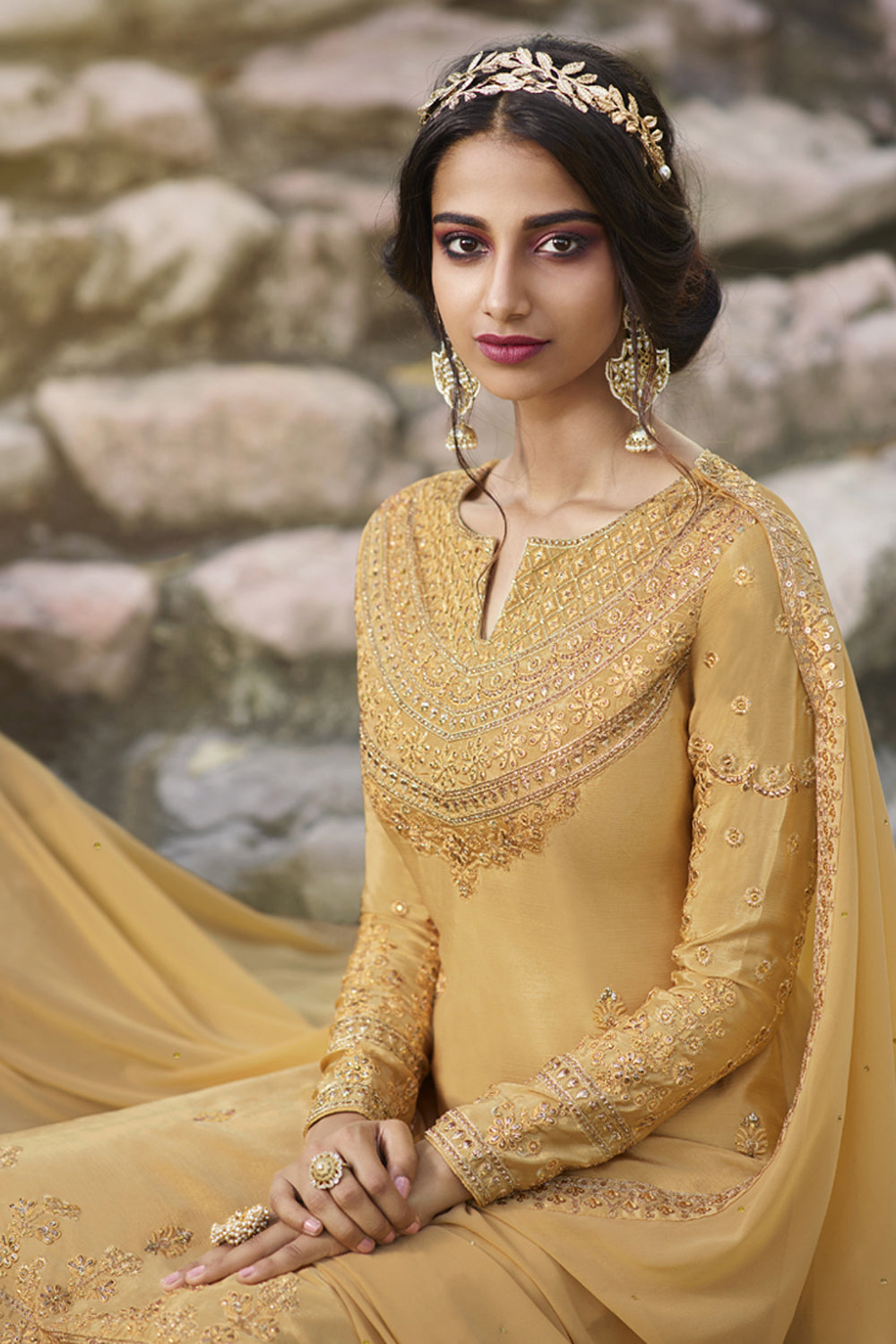 Faux Georgette Embroidered Suit Set Dress Material In Yellow