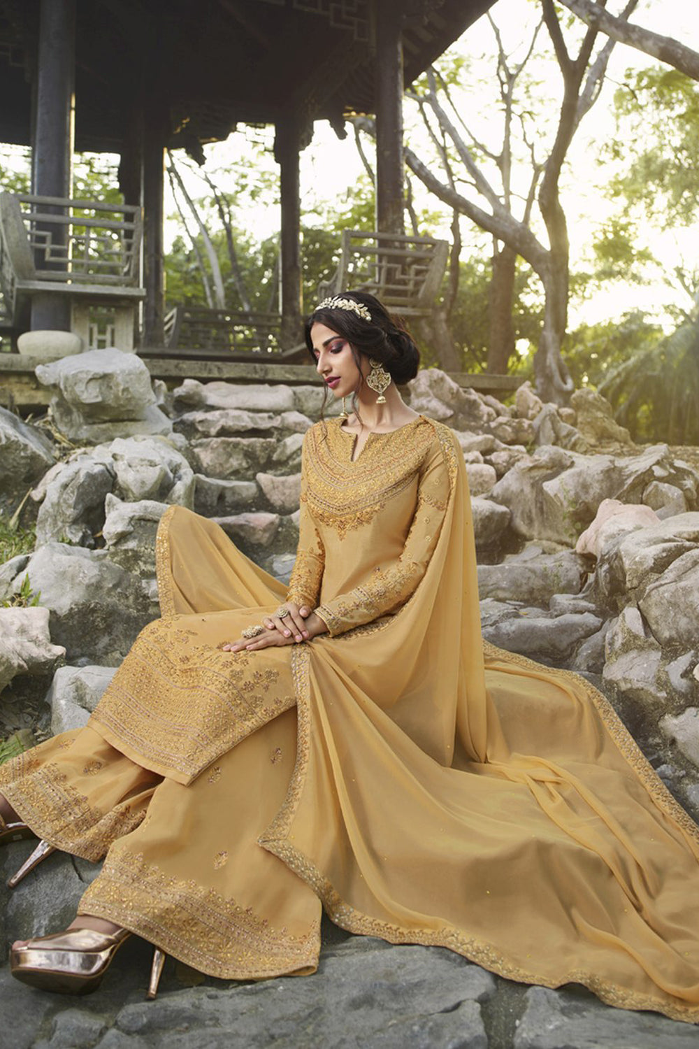 Faux Georgette Embroidered Suit Set Dress Material In Yellow